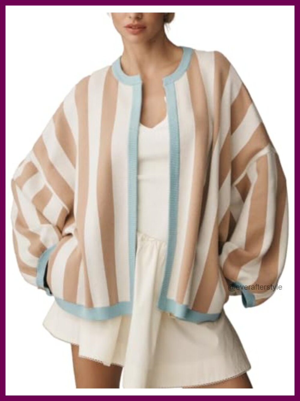 Womens Striped Cardigan Sweater Balloon Sleeve Open Front Knit